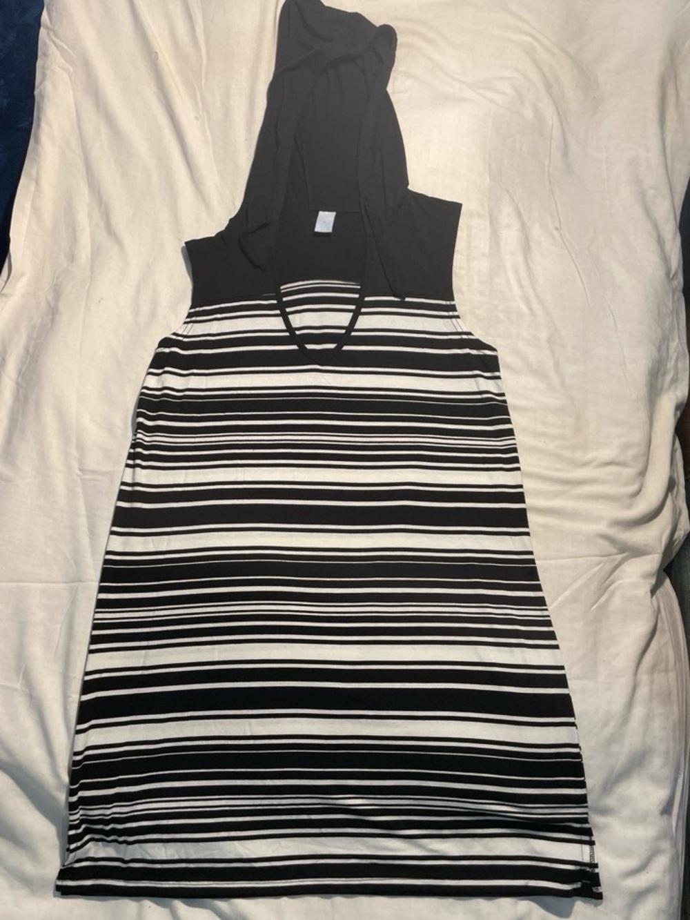Sleeveless Hooded Black & White Striped Dress